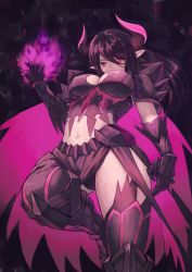 Rule 34 | 1girl, absurdres, black hair, breasts, cape, cleavage, gore magala, highres, horns, long hair, monster hunter (series), personification, pointy ears, purple eyes, solo, thighhighs