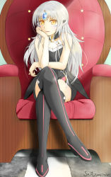 Rule 34 | 1girl, 2016, absurdres, bare shoulders, black footwear, black thighhighs, boots, code: nemesis (elsword), crossed legs, dated, dress, elsword, eve (elsword), facial mark, forehead jewel, head rest, highres, long hair, looking at viewer, parted lips, raven cronwell, sa (sam-ya), sitting, solo, thigh boots, thighhighs, throne, white hair, yellow eyes
