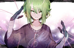 Rule 34 | 1girl, bandages, bandaged arm, bandages, black shirt, collarbone, commentary, eyewear hang, unworn eyewear, glasses, green eyes, green hair, gumi, hands up, highres, looking at viewer, shirt, short hair with long locks, solo, string, string around finger, t-shirt, upper body, vocaloid, wanaxtuco