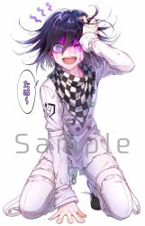 Rule 34 | 1boy, :d, bad id, bad twitter id, black footwear, black hair, blood, blood on face, checkered clothes, checkered scarf, commentary request, danganronpa (series), danganronpa v3: killing harmony, fang, hair between eyes, hand on ground, highres, injury, jacket, kneeling, long sleeves, looking at viewer, male focus, medium hair, nanin, oma kokichi, one eye closed, open mouth, pink blood, purple eyes, purple hair, sample watermark, scarf, shoes, simple background, smile, solo, speech bubble, straitjacket, tearing up, translation request, watermark, white background
