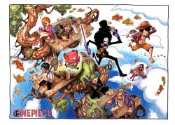 Rule 34 | 2girls, 6+boys, barefoot, beanie, black hair, blonde hair, blue hair, book, boots, brook (one piece), cleaned, cloud, color spread, copyright name, eating, eyewear on head, fish, flying, flying fish, food, franky (one piece), fruit, glasses, goggles, green hair, hair over one eye, hammer, hand on headwear, haramaki, hat, hawaiian shirt, highres, jewelry, mallet, monkey d. luffy, multiple boys, multiple girls, multiple swords, nami (one piece), necklace, net, nico robin, oda eiichirou, official art, one piece, open book, open clothes, open mouth, open shirt, orange hair, pink footwear, reading, red footwear, roronoa zoro, running, sandai kitetsu, sanji (one piece), saw, sheath, sheathed, shirt, shusui, sitting, skeleton, sleeping, smile, smoking, straw hat, sunglasses, sword, tony tony chopper, tree, wado ichimonji, weapon