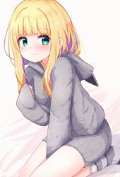 Rule 34 | 1girl, :3, animal ears, animal hood, baram, bed sheet, blonde hair, blush, closed mouth, commentary request, fake animal ears, grey jacket, grey shorts, hand up, highres, hood, hood down, hooded jacket, jacket, long hair, long sleeves, looking at viewer, mononobe alice, multicolored hair, nijisanji, no shoes, purple hair, short shorts, shorts, sleeves past wrists, socks, solo, streaked hair, striped clothes, striped socks, virtual youtuber, white background