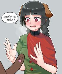 Rule 34 | 1boy, 1girl, animal collar, animal ears, bad id, bad twitter id, black hair, blunt bangs, blush, braid, breasts, breath, buttons, collar, commentary request, cookie (touhou), creatures (company), diglett, dog ears, erection, game freak, gen 1 pokemon, green shirt, green tea (cookie), heart, heart-shaped pupils, highres, kemonomimi mode, licking lips, long hair, looking at penis, medium breasts, nintendo, ohasi, open mouth, penis, pokemon, pokemon (creature), red eyes, red shawl, shawl, shirt, simple background, solo focus, symbol-shaped pupils, tongue, tongue out, touhou, translated, twin braids, upper body, yatadera narumi