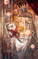 Rule 34 | 1girl, bare shoulders, blonde hair, blue eyes, blurry, bokeh, book, braid, crown, curtains, depth of field, dress, from side, half-closed eyes, holding, holding book, indoors, lack, light smile, long hair, night, original, painting (action), solo, standing, tsurime, upper body, very long hair, wavy hair, white dress, wide sleeves, window