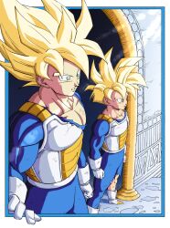Rule 34 | absurdres, blonde hair, dragon ball, eegiiartto, father&#039;s day, father and son, green eyes, highres, muscular, muscular male, son gohan, son goku, sunlight, surprised, tagme, time chamber, torn clothes