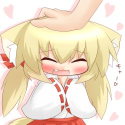 Rule 34 | 1girl, :3, animal ears, blonde hair, blush, cat ears, chibi, closed eyes, detached sleeves, fang, fox ears, fox tail, hair ribbon, hand on another&#039;s head, hands on own chest, head pat, headpat, heart, japanese clothes, koyomi (shinshia), miko, open mouth, original, red skirt, ribbon, shinshia, shirt, skirt, solo focus, tail, translated, twintails, white shirt
