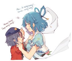 Rule 34 | 2girls, belt, black hair, blue dress, blue hair, blush, breasts, cabbie hat, chinese clothes, closed eyes, dress, drill hair, drill sidelocks, flower, hagoromo, hair between eyes, hair ornament, hair rings, hair stick, hat, height difference, highres, jiangshi, kabocha1408, kaku seiga, lace-trimmed sleeves, lace trim, medium breasts, medium hair, miyako yoshika, multiple girls, ofuda, open mouth, outstretched arms, pink flower, puffy short sleeves, puffy sleeves, purple eyes, purple headwear, red shirt, shawl, shirt, short hair, short sleeves, sidelocks, simple background, standing, star (symbol), tangzhuang, touhou, translation request, upper body, vest, vietnamese commentary, vietnamese text, white background, white shawl, white vest, wide sleeves, zombie pose