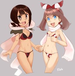 Rule 34 | 10s, 2girls, :d, bad id, bad pixiv id, bikini, black hair, blue eyes, breasts, brown eyes, brown hair, cape, cleavage, cowboy shot, creatures (company), cropped legs, fang, female focus, game freak, grey background, groin, hair ribbon, hairband, highres, holding another&#039;s hand, holding hands, light brown hair, looking at viewer, may (pokemon), may (pokemon oras), medium breasts, multiple girls, navel, nintendo, nyonn24, open mouth, pokemon, pokemon oras, red bikini, red ribbon, ribbon, scarf, short hair, simple background, small breasts, smile, string bikini, swimsuit, thighs, tsurime, white scarf, zinnia (pokemon)
