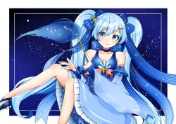 Rule 34 | 1girl, absurdres, blue eyes, blue hair, blush, bow, breasts, cleavage, detached sleeves, dress, fang, fang out, frilled dress, frills, hair bow, hair ornament, hair ribbon, hairclip, hatsune miku, highres, holding, holding wand, long hair, long sleeves, looking to the side, magic, masumofu, night, night sky, ribbon, sky, sleeveless, sleeveless dress, sleeves past wrists, small breasts, smile, snowflakes, solo, star (sky), star (symbol), star hair ornament, starry sky, treble clef, twintails, very long hair, vocaloid, wand, wide sleeves, yuki miku, yuki miku (2017)