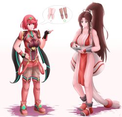 Rule 34 | 2girls, absurdres, breasts, brown eyes, brown hair, cleavage, crossover, fatal fury, gloves, highres, large breasts, legs, multiple girls, ninja, nintendo, pantyhose, ponytail, pyra (xenoblade), red eyes, shiranui mai, shorts, snk, standing, super smash bros., xenoblade chronicles (series), xenoblade chronicles 2