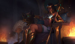 Rule 34 | 1girl, braid, brazier, cougar (animal), crown, egyptian clothes, fire, league of legends, midriff, nidalee, official art, pharaoh nidalee, polearm, riot games, spear, throne, weapon