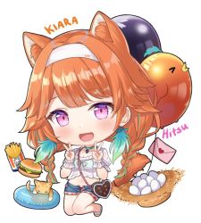 Rule 34 | 1girl, :d, animal, animal ear fluff, animal ears, artist name, bag, balloon, blue shorts, blush, braid, brown hat, burger, cat, character name, chibi, commentary, crop top, double v, egg, english commentary, envelope, fast food, food, french fries, full body, green hair, hands up, hat, heart, hitsukuya, hololive, hololive english, innertube, letter, long hair, looking at viewer, love letter, midriff, multicolored hair, navel, open mouth, orange hair, pink eyes, puffy short sleeves, puffy sleeves, sandals, shirt, short shorts, short sleeves, shorts, shoulder bag, signature, simple background, smile, solo, straw hat, streaked hair, swim ring, tail, takanashi kiara, takanashi kiara (casual), twin braids, unworn hat, unworn headwear, v, very long hair, virtual youtuber, white background, white footwear, white shirt, wrist cuffs