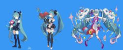 Rule 34 | barefoot, blue hair, creatures (company), donguri big, evolutionary line, future eve (vocaloid), game freak, gen 1 pokemon, gen 2 pokemon, gen 4 pokemon, hair ornament, hair ribbon, hatsune miku, hatsune miku (append), highres, holding, holding pokemon, leotard, magical mirai (vocaloid), magical mirai miku, magical mirai miku (2022), miniskirt, nintendo, pokemon, pokemon (creature), porygon, porygon-z, porygon2, ribbon, skirt, smile, standing, star (symbol), star hair ornament, thighhighs, twintails, vocaloid, vocaloid append