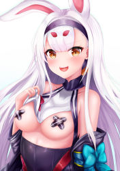 Rule 34 | 1girl, absurdres, animal ears, azur lane, bandaid, bandaids on nipples, bare shoulders, black hairband, black jacket, blue bow, bow, breasts, brown eyes, commentary request, crossed bandaids, hairband, highres, jacket, long hair, long sleeves, off shoulder, open clothes, open jacket, pasties, rabbit ears, ryara, shimakaze (azur lane), short eyebrows, simple background, small breasts, solo, thick eyebrows, upper body, very long hair, white background, white hair