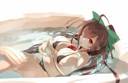 Rule 34 | 1girl, ;d, ahoge, bikini, black bikini, bow, breast hold, breasts, brown hair, commentary request, fang, green bow, hair bow, highres, large breasts, long hair, looking at viewer, lying, navel, on back, one eye closed, open mouth, partially submerged, red eyes, reiuji utsuho, skin fang, smile, solo, stomach, swimsuit, tetsurou (fe+), thighs, touhou, water