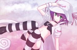 Rule 34 | 1girl, black choker, choker, commentary, crop top, facial mark, flat chest, green eyes, hair between eyes, hand on headwear, hat, hat ribbon, horizontal pupils, looking at viewer, merry nightmare, midriff, navel, pink ribbon, pointy ears, puffy short sleeves, puffy sleeves, purple hair, ribbon, short hair, short sleeves, skirt, smile, solo, striped clothes, striped thighhighs, suta (clusta), thighhighs, wristband, yumekui merry