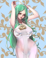 Rule 34 | 1girl, absurdres, alex (cerealex), arms up, bed, breasts, bridal gauntlets, dress, female focus, fire emblem, fire emblem: three houses, green eyes, green hair, hair ornament, highres, juliet sleeves, large breasts, long hair, long sleeves, looking at viewer, matching hair/eyes, nintendo, parted bangs, puffy sleeves, rhea (fire emblem), sidelocks, water, wet, wet clothes, wet dress, wide hips