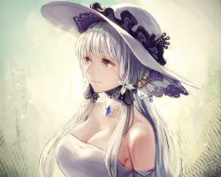 Rule 34 | 1girl, anbe yoshirou, azur lane, bare shoulders, bell, blue eyes, breasts, choker, cleavage, closed mouth, collarbone, dated, dress, gem, gradient background, hair bell, hair ornament, hat, illustrious (azur lane), jewelry, large breasts, long hair, looking afar, low-tied long hair, mole, mole under eye, pendant, signature, silver hair, smile, solo, strapless, strapless dress, sun hat, tareme, tri tails, upper body, white choker, white dress, white hat
