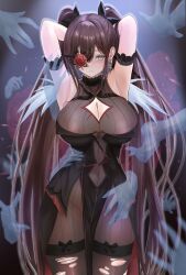 Rule 34 | 1girl, absurdres, arm garter, armpits, arms up, black bodysuit, black dress, blush, bodysuit, breasts, brown hair, cleavage, cleavage cutout, clothing cutout, commission, covered navel, dress, epic seven, flower, groin, highres, large breasts, long hair, looking at viewer, noa (skae3323), one eye covered, pelvic curtain, pixiv commission, red flower, red rose, roana (epic seven), rose, sleeveless, solo, too many hands, torn bodysuit, torn clothes, twintails, very long hair
