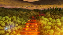 Rule 34 | blurry, fushimi inari taisha, highres, hill, house, landscape, lens flare, niko p, no humans, original, scenery, sky, sunset, torii, tree