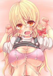Rule 34 | 1girl, 78rr, arms up, blonde hair, blush, bow, bra, breasts, clothes lift, cum, cum on body, cum on breasts, cum on upper body, facial, hair bow, kirisame marisa, large breasts, long hair, navel, no headwear, no headwear, open mouth, orange eyes, shirt lift, solo, touhou, underwear
