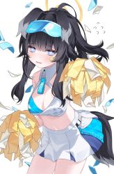 Rule 34 | 1girl, absurdres, animal ears, black hair, blue archive, blue eyes, blush, breasts, bright pupils, cheerleader, cleavage, dog ears, dog girl, dog tail, hibiki (blue archive), hibiki (cheer squad) (blue archive), highres, looking at viewer, medium breasts, midriff, millennium cheerleader outfit (blue archive), navel, official alternate costume, pleated skirt, pom pom (cheerleading), ponytail, skirt, solo, star (symbol), sticker on face, tail, tiko (idadsa91), white pupils, white skirt