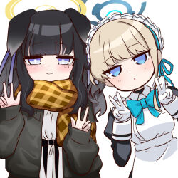 Rule 34 | 2girls, alternate costume, animal ears, apron, black coat, black hair, blue archive, blue bow, blue bowtie, blue eyes, blunt bangs, bow, bowtie, casual, coat, commentary request, dog ears, dog girl, double v, expressionless, gloves, grey eyes, halo, hibiki (blue archive), light brown hair, long hair, long sleeves, looking at viewer, maid, maid apron, maid headdress, multiple girls, o (rakkasei), open clothes, open coat, plaid, plaid scarf, scarf, sidelocks, simple background, smile, toki (blue archive), v, white background, white gloves