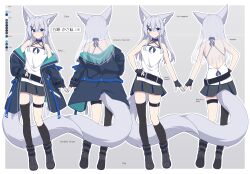 Rule 34 | 1girl, animal ear fluff, animal ears, asymmetrical legwear, bare shoulders, belt, belt buckle, black belt, black gloves, black jacket, black socks, black thighhighs, blue collar, blue eyes, boots, breasts, buckle, camisole, closed mouth, collar, collarbone, color guide, commentary request, english text, fingerless gloves, fox ears, fox girl, fox tail, gloves, grey background, grey footwear, grey hair, grey skirt, hair between eyes, hair ornament, hairclip, hand on own hip, highres, jacket, kneehighs, long hair, medium breasts, multiple views, off shoulder, open clothes, open jacket, original, pleated skirt, romaji text, shirogane kasane, shoe soles, single kneehigh, single sock, single thighhigh, skirt, smile, socks, surume aburi, tail, thighhighs, thighhighs under boots, translation request, two-tone background, very long hair, white background, white camisole, x-ray