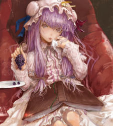 Rule 34 | 1girl, :p, book, bookmark, bow, bun cover, capelet, coat, couch, crescent, crescent hair ornament, crescent moon, crescent pin, double bun, dress, female focus, food, frills, fruit, fuyuno haruaki, grapes, hair bow, hair bun, hair ornament, hair ribbon, hat, holding, holding food, holding fruit, long hair, long sleeves, looking at viewer, lowres, mob cap, moon, open book, open clothes, open coat, open robe, patchouli knowledge, plate, purple dress, purple hair, ribbon, robe, sitting, solo, striped clothes, striped dress, tongue, tongue out, touhou, tress ribbon, very long hair