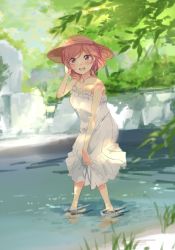 Rule 34 | 10s, 1girl, bare arms, blush, cross, cross necklace, day, dress, tucking hair, hat, jewelry, looking at viewer, love live!, love live! school idol project, nature, necklace, nishikino maki, open mouth, outdoors, parted bangs, pink eyes, purple eyes, red hair, sketch, skirt hold, sleeveless, sleeveless dress, smile, soaking feet, solo, spaghetti strap, standing, sundress, ume (plumblossom), wading, water, white dress
