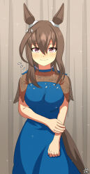 Rule 34 | 1girl, absurdres, admire vega (umamusume), alternate costume, animal ears, artist logo, blue dress, blush, closed mouth, commentary request, cowboy shot, curtains, dress, ear ornament, earrings, grey curtains, hair between eyes, highres, holding own arm, horse ears, horse girl, jewelry, long hair, looking at viewer, notice lines, ponytail, purple eyes, single earring, smile, solo, umamusume, user yfvc3323