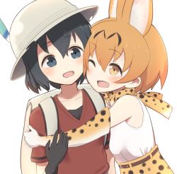 Rule 34 | 10s, 2girls, :d, ;d, animal ears, armpit peek, backpack, bad id, bad pixiv id, bag, bare shoulders, belt, black eyes, black gloves, black hair, blush, bow, bowtie, brown eyes, bucket hat, cat ears, collarbone, elbow gloves, eye contact, gloves, hair between eyes, hand on another&#039;s arm, hat, hat feather, hug, kaban (kemono friends), kemono friends, looking at another, multiple girls, one eye closed, open mouth, orange hair, red shirt, safari hat, serval (kemono friends), serval print, shirt, short hair, short sleeves, simple background, skirt, sleeveless, sleeveless shirt, smile, tareme, upper body, white background, white shirt, yuukagen (poipoipopoino)