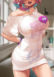Rule 34 | 1girl, absurdres, bare shoulders, bedroom, blue hair, blush, bracelet, breasts, bsue, collar, collarbone, earrings, fang, head out of frame, heart, heart-shaped lock, heart collar, heart on chest, highres, idolmaster, idolmaster cinderella girls, indoors, jewelry, large breasts, meme, multicolored hair, off-shoulder shirt, off shoulder, open mouth, pajamas challenge, pill earrings, pink collar, pink hair, shirt, short hair, short sleeves, skeleton print, smile, solo, standing, t-shirt, two-tone hair, white shirt, yumemi riamu