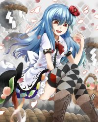 Rule 34 | 1girl, :d, alternate hair ornament, argyle, argyle clothes, argyle legwear, basket, blue hair, boots, brown footwear, checkered clothes, checkered legwear, cross-laced footwear, eating, flower, food, fruit, hair flower, hair ornament, hat, highres, hinanawi tenshi, keystone, lace-up boots, long hair, neck ribbon, open mouth, patterned legwear, peach, petals, puffy short sleeves, puffy sleeves, red eyes, ribbon, sanagi (diohazard), short sleeves, sitting, skirt, smile, solo, sparkle, sword of hisou, thighhighs, touhou, unworn hat, unworn headwear