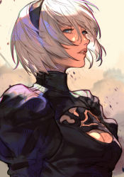 Rule 34 | 1girl, black dress, black hairband, blue eyes, breasts, cleavage, cleavage cutout, clothing cutout, dress, floating hair, hairband, hungry clicker, juliet sleeves, lips, long sleeves, looking at viewer, medium breasts, nier (series), nier:automata, parted lips, pink lips, puffy sleeves, short hair, solo, teeth, turtleneck, turtleneck dress, upper body, upper teeth only, white hair, 2b (nier:automata)