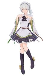 Rule 34 | 1girl, adapted costume, alternate costume, black footwear, blue eyes, blush, boots, daikara xx, detached sleeves, enmaided, full body, grey hair, hair between eyes, heart, heart hands, highres, knee boots, long hair, maid, maid headdress, mononobe no futo, open mouth, ponytail, ribbon-trimmed sleeves, ribbon trim, simple background, solo, touhou, white background, white sleeves, wide sleeves