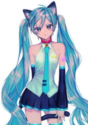 Rule 34 | 1girl, :&lt;, absurdres, angry, animal ears, aqua eyes, aqua hair, aqua nails, aqua necktie, bare shoulders, bell, black skirt, black sleeves, cat ears, cat tail, commentary, contrapposto, copyright name, cowboy shot, detached sleeves, glowing tattoo, hair ornament, hatsune miku, highres, kemonomimi mode, long hair, looking at viewer, miniskirt, nail polish, neck bell, necktie, neon trim, pleated skirt, pout, shirt, shoulder tattoo, simple background, skindentation, skirt, sleeveless, sleeveless shirt, solo, standing, symbol-only commentary, tail, tattoo, thighhighs, twintails, ume neko (otaku-nyanko), v-shaped eyebrows, very long hair, vocaloid, white background, white shirt, zettai ryouiki