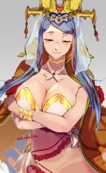 Rule 34 | 1girl, blue hair, blush, bracelet, breasts, cape, cleavage, closed mouth, collarbone, crossed arms, dress, fire emblem, fire emblem engage, frilled dress, frills, gradient background, high collar, highres, jewelry, koda1ra, large breasts, long hair, lumera (fire emblem), navel, nintendo, orange cape, panties, see-through, see-through dress, smile, solo, strapless, strapless dress, swept bangs, twitter username, underwear, veil, white dress, white panties, yellow headwear
