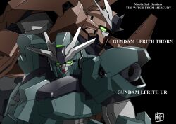 Rule 34 | black background, character name, glowing, glowing eyes, gundam, gundam lfrith thorn, gundam lfrith ur, gundam suisei no majo, highres, looking ahead, looking at viewer, mecha, mobile suit, no humans, portrait, robot, science fiction, v-fin, yanase takayuki