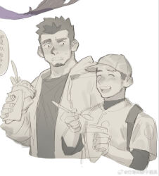 Rule 34 | 2boys, ^ ^, age difference, bara, baseball cap, blush, closed eyes, cropped torso, eating, facial hair, fast food, gh himainu, greyscale, happy, hat, jacket, looking at another, male focus, mature male, monochrome, multiple boys, mustache stubble, original, raised eyebrow, short hair, sideburns, sideburns stubble, sketch, sparse stubble, stubble, surprised, thick eyebrows, yaoi