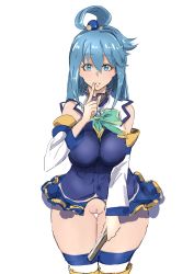 Rule 34 | 1girl, absurdres, aqua (konosuba), bare shoulders, blue eyes, blue hair, blue skirt, breasts, detached sleeves, finger to mouth, folding fan, hand fan, highres, ikataro00, kono subarashii sekai ni shukufuku wo!, large breasts, long hair, looking at viewer, no panties, parted lips, pussy, skirt, solo, thick thighs, thigh gap, thighhighs, thighs, uncensored, white background, white thighhighs