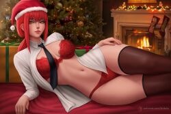 Rule 34 | 1girl, arduina (arduin art), black necktie, box, bra, breasts, brown thighhighs, chainsaw man, christmas, christmas ornaments, christmas tree, closed mouth, collared shirt, fireplace, gift, gift box, hand on own hip, hat, highres, indoors, large breasts, lips, long hair, makima (chainsaw man), navel, necktie, open clothes, open shirt, orange eyes, panties, patreon username, pom pom (clothes), red bra, red hair, red panties, santa hat, shirt, sidelocks, solo, thighhighs, underwear, watermark, web address, white shirt