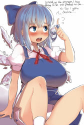 Rule 34 | 1girl, alternate breast size, blue eyes, blue hair, blush, bow, breasts, cirno, dress, english text, flustered, hair bow, twirling hair, huge breasts, ice, ice wings, magister, matching hair/eyes, open mouth, panties, pantyshot, rejection, round teeth, short dress, short hair, sitting, solo, stutter, teeth, thighs, touhou, tsundere, underwear, upskirt, wings
