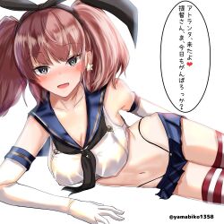 Rule 34 | 1girl, atlanta (kancolle), black hairband, black neckerchief, black panties, blue sailor collar, blue skirt, breasts, brown hair, collarbone, cosplay, crop top, earrings, elbow gloves, gloves, grey eyes, hairband, highleg, highleg panties, jewelry, kantai collection, large breasts, long hair, looking at viewer, lying, microskirt, mizuki (uzuki no sato), navel, neckerchief, on side, open mouth, panties, sailor collar, shimakaze (kancolle), shimakaze (kancolle) (cosplay), shirt, simple background, skirt, solo, speech bubble, star (symbol), star earrings, striped clothes, striped thighhighs, thighhighs, translation request, twitter username, two side up, underwear, white gloves, white shirt