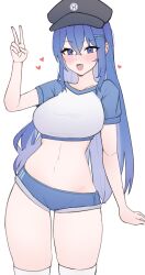 Rule 34 | 1girl, absurdres, arm up, artist request, black hat, blue eyes, blue hair, blue shorts, blush, breasts, commission, cowboy shot, crop top, dolphin shorts, hair ornament, hairclip, hat, heart, highres, large breasts, long hair, looking at viewer, micro shorts, midriff, navel, open mouth, original, peaked cap, raglan sleeves, second-party source, shirt, short sleeves, shorts, simple background, smile, solo, standing, stomach, thighhighs, thighs, v, very long hair, white background, white shirt, white thighhighs
