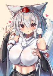 Rule 34 | 1girl, animal ears, bare shoulders, black skirt, breasts, cleavage, closed mouth, heart, inubashiri momiji, large breasts, navel, onomiya, red eyes, shirt, short hair, simple background, skirt, sleeveless, sleeveless shirt, smile, solo, tail, touhou, white hair, white shirt, white sleeves, wolf ears, wolf girl, wolf tail, yellow background
