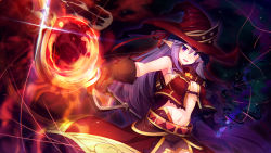 Rule 34 | 1girl, belt, breasts, game cg, groin, hat, holding, holding weapon, long hair, magic, medium breasts, midriff, navel, open mouth, potion, purple eyes, purple hair, rozea (graphmelt), shannon fiszer, sleeveless, smile, solo, staff, tou no shita no exercitus, underboob, weapon, witch, witch hat
