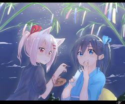 Rule 34 | 2girls, :&lt;, animal ears, blue eyes, blue kimono, blue sweater, closed mouth, commentary request, eating, feeding, food, food request, frown, hair between eyes, hair ornament, hairclip, holding, japanese clothes, kimono, letterboxed, looking at viewer, multiple girls, night, night sky, obi, one side up, original, outdoors, pink hair, ponytail, purple hair, red eyes, ribbed sweater, sash, short hair, short sleeves, siblings, signature, sisters, sky, sleeves rolled up, smile, suzunari arare, suzunari shizuku, sweater, takoyaki, yukata, yuki arare