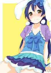 Rule 34 | 1girl, animal ears, arm support, blue hair, blush, closed mouth, earrings, embarrassed, hair between eyes, jewelry, long hair, looking at viewer, love live!, love live! school idol festival, love live! school idol project, rabbit ears, ribbon, simple background, sitting, solo, sonoda umi, tofu1601, wavy mouth, yellow background, yellow eyes