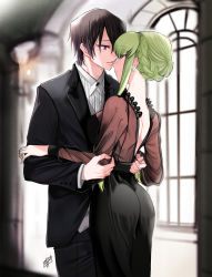 Rule 34 | 1boy, 1girl, absurdres, black hair, black jacket, black skirt, blurry, blurry background, braid, brown shirt, c.c., closed mouth, code geass, couple, dress shirt, eye contact, formal, green hair, grey vest, hetero, highres, indoors, jacket, lelouch vi britannia, long hair, long sleeves, looking at another, noppo, open mouth, pant suit, pants, purple eyes, see-through, shirt, short hair, shoulder blades, sidelocks, signature, skirt, smile, suit, vest, white shirt, yellow eyes